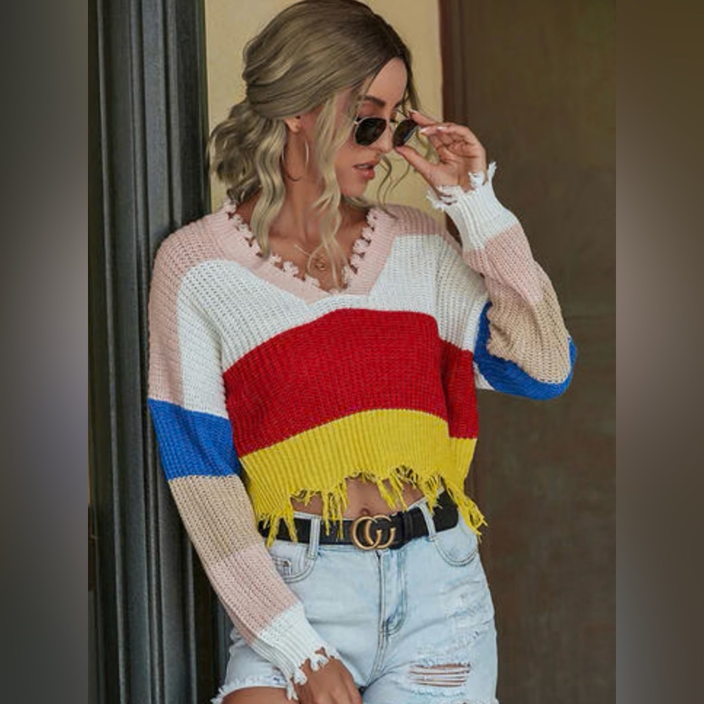Color Block crop off shoulder Frayed Hem Long Sleeve Sweater